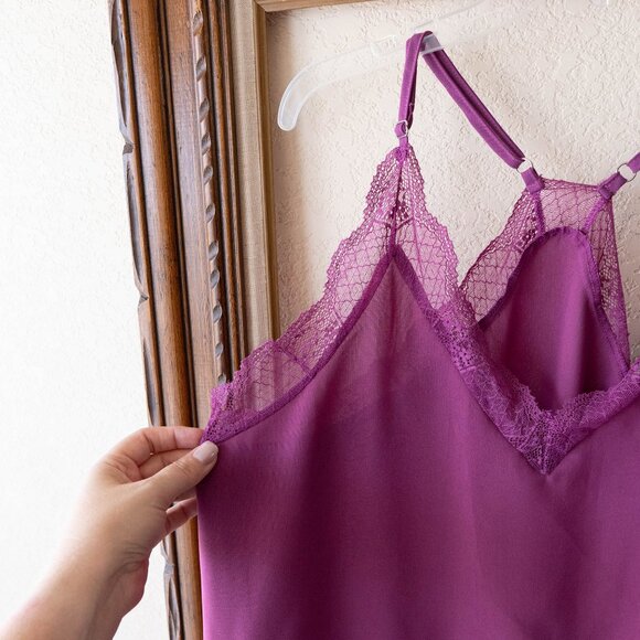 Lime Flare Women’s XL Purple Silky Camisole Lace Trim Flowy Racerback - Picture 4 of 8